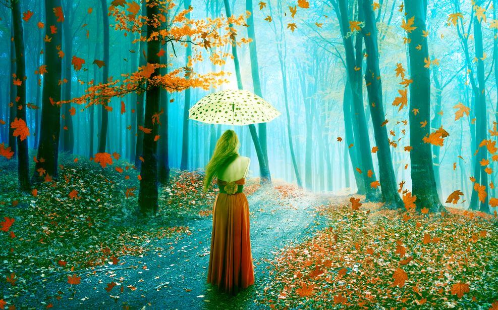森にたたずむ傘を持った女性