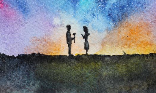 虹色の空とカップル