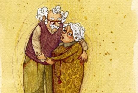 抱き合う老夫婦