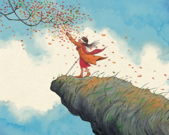 崖っぷちに立つ盲目の女性