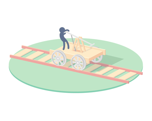トロッコに乗る人と追いかけて転ぶ人