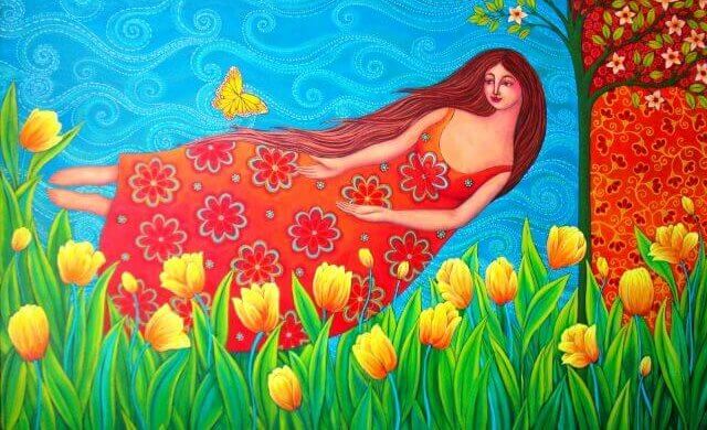 チューリップと水に浮かぶ女性