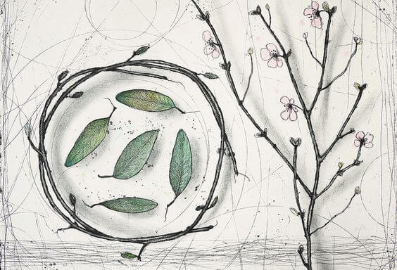 花、葉、木の枝のリース