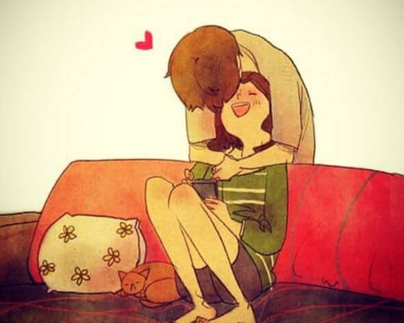 後ろから彼女を抱く男性