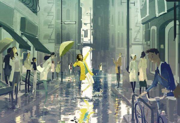 雨の中の黄色の女性