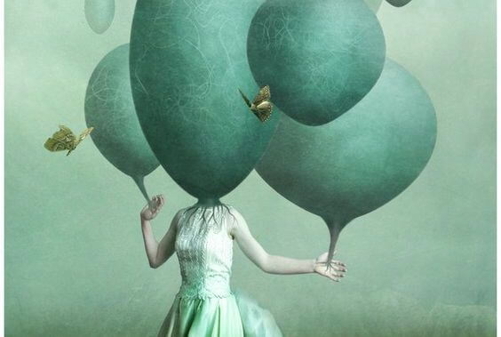頭が緑の球体の女性