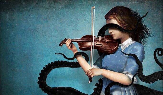 タコの足に絡まるバイオリンを弾く少女