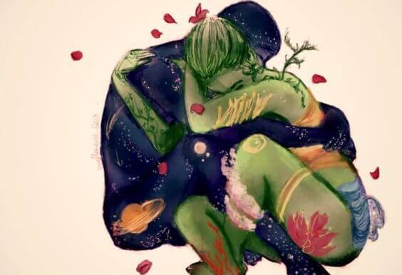 抱き合う宇宙と地球のカップル