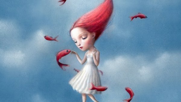 赤い髪の少女と魚