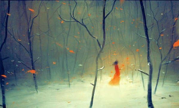森を歩く赤い服の女性