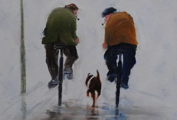 自転車に乗る二人の老人と一匹の犬