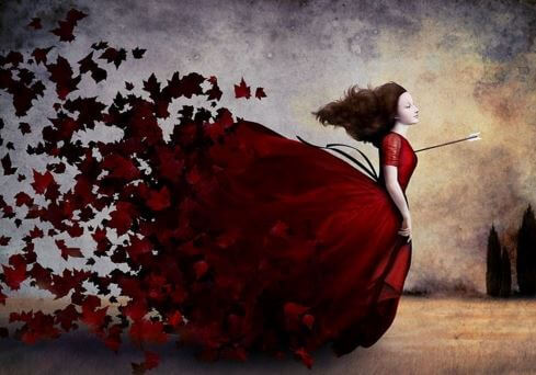 胸を射られた女性と赤いドレス