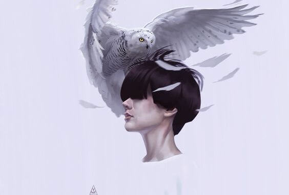 フクロウと女性の頭