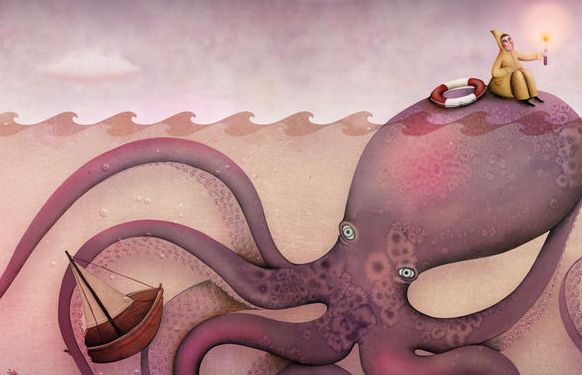 タコの頭にのる遭難者