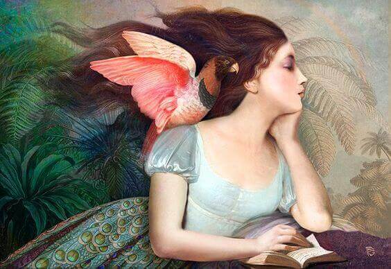 肩に鳥を乗せて本読む女性