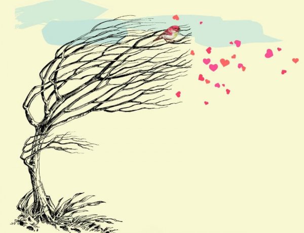 ハートの落ち葉と風に吹かれる木