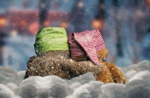 雪の中の2つのぬいぐるみ