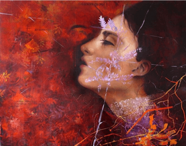 赤の中の女性の顔