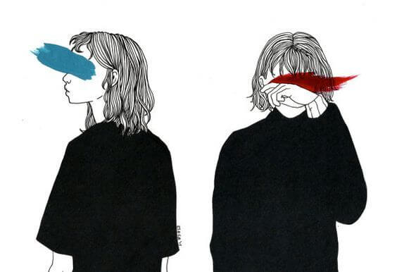 青と赤で目が隠れた女性