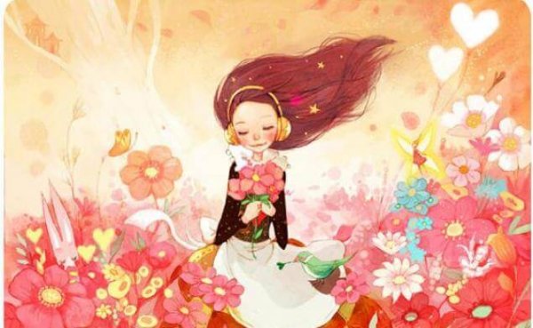ピンクの花畑の中の少女