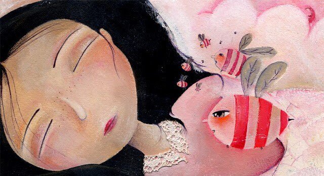 眠る少女をとりまくピンクのハチ