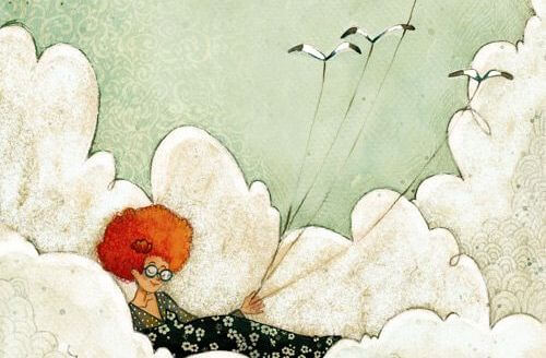 鳥に引っ張られて雲の上をいく女性