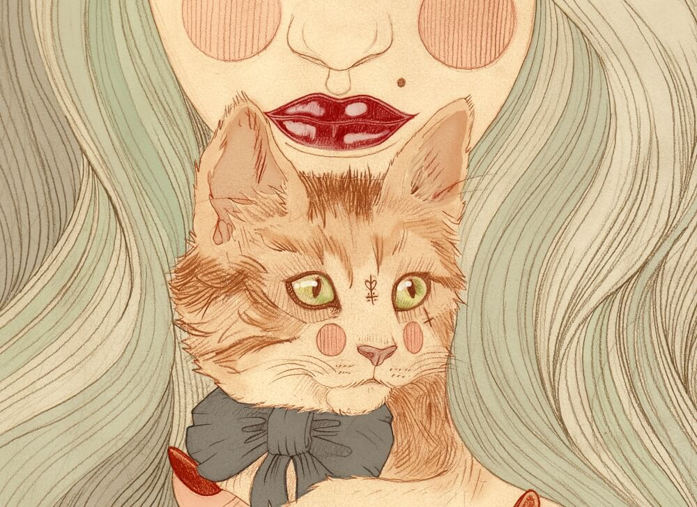 猫と青い髪の女性