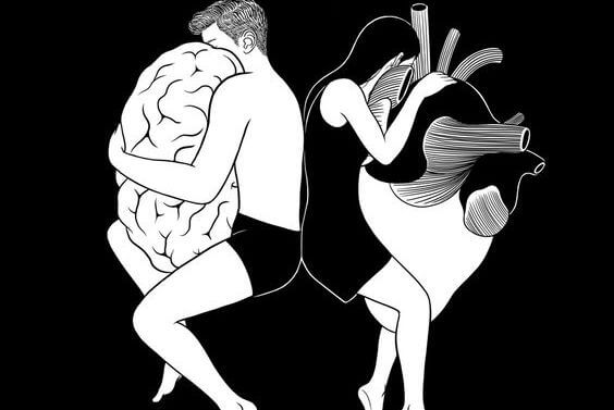 脳を抱く男と心臓を抱く女性