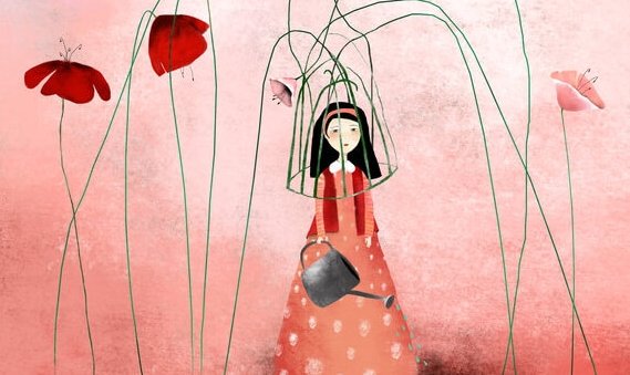 鳥かごに頭を捕らわれた少女