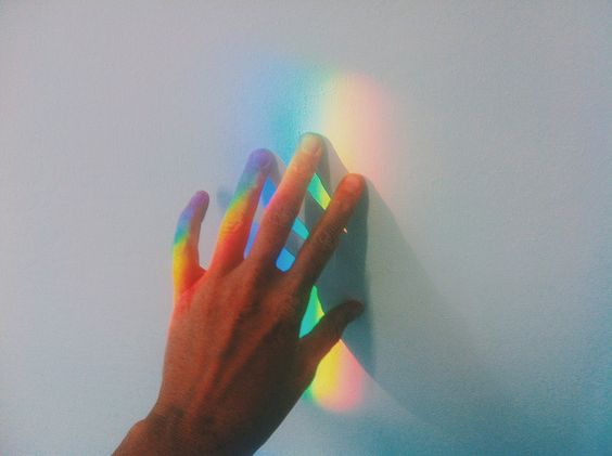 虹が映る壁に触れた手