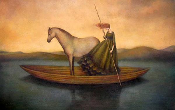ボートに乗る馬と女性