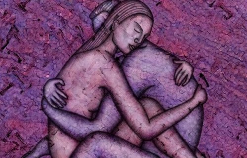 抱き合う紫の男女