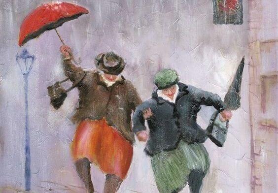 傘をさして陽気に歩く二人の老人