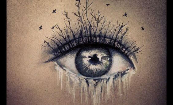 涙を流す目と木の睫毛
