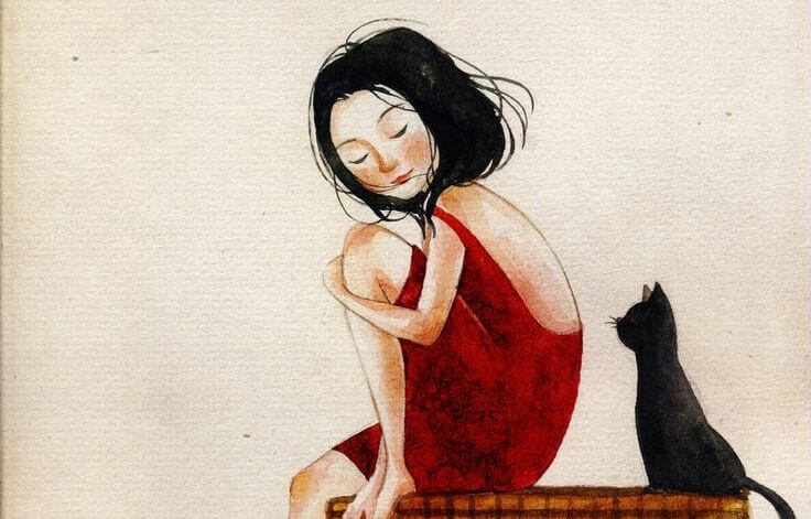 赤い服を着た少女と黒猫