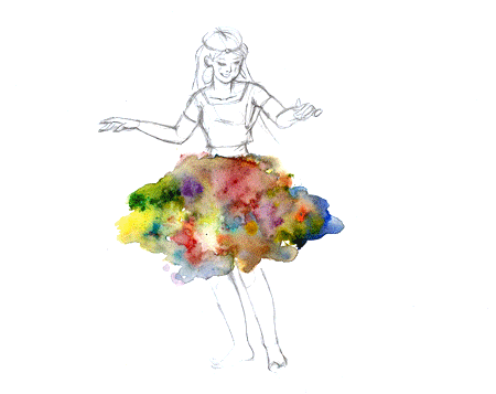 虹色のスカートで回る女性