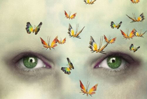 緑の目の女性と蝶
