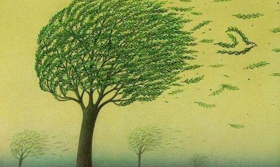 強い風に煽られる木