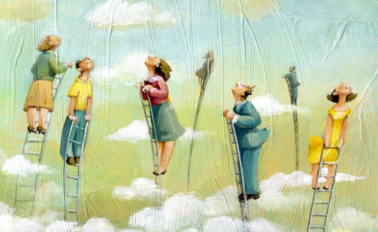 梯子で雲の上へ上る人々