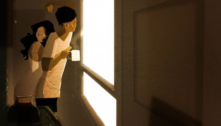 朝のコーヒーと抱き合うカップル