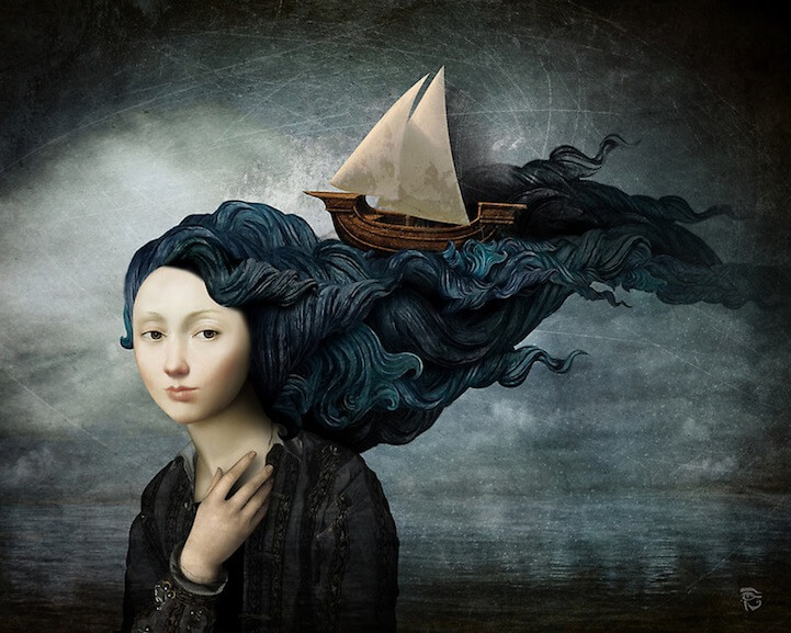 女性の髪の海を漂う船