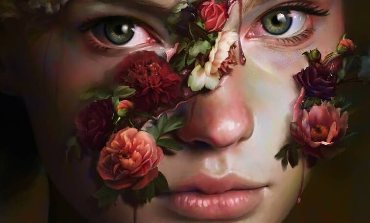 バラの花をまとった女性の顔