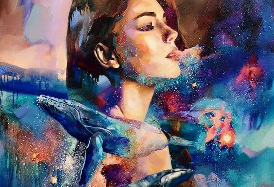 クジラと女性と星空