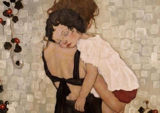母親に抱かれて眠る子供