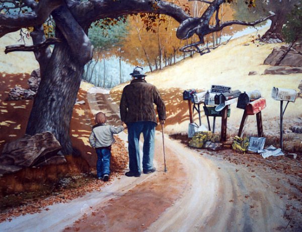 散歩する老人と子供