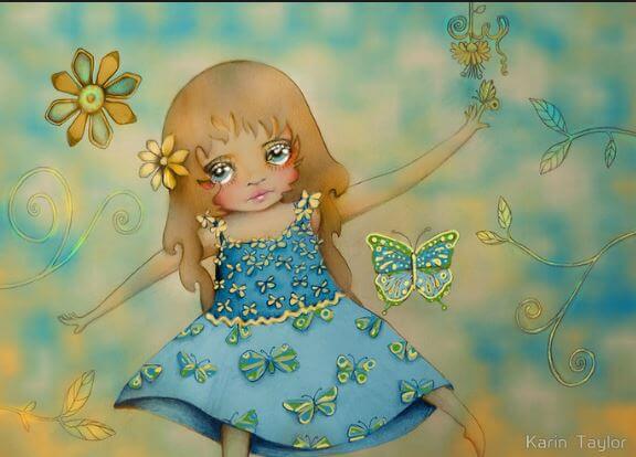 花と蝶に囲まれた少女