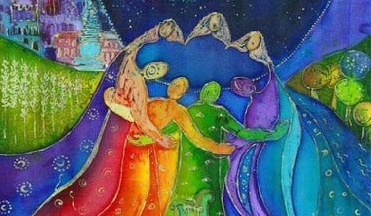 肩を組む七色の人々