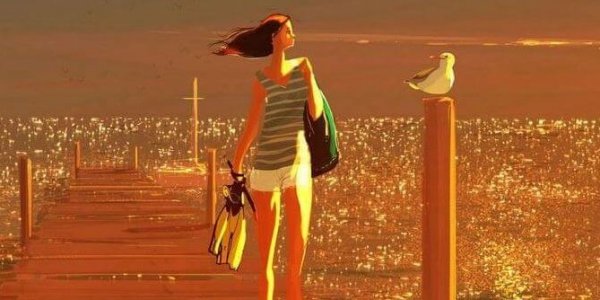 堤防を歩く女性とカモメ