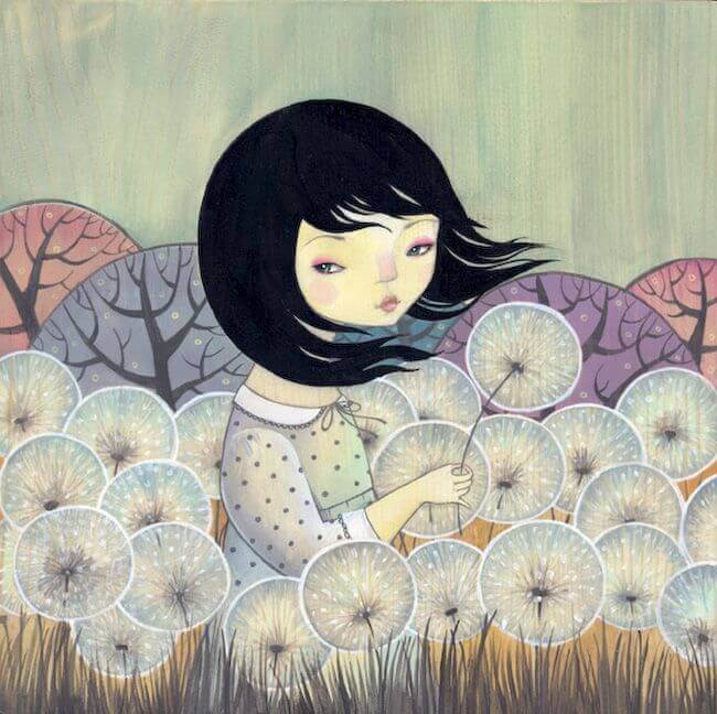 タンポポの綿毛の中の少女