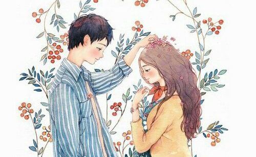 赤い実のなる木に囲まれた男女